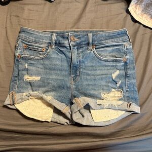 Distressed Denim Shorts with Lace Accents